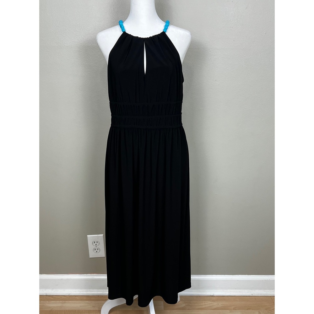 Lauren Ralph Lauren Black Halter Midi Dress Turquoise Beaded Straps Size 6